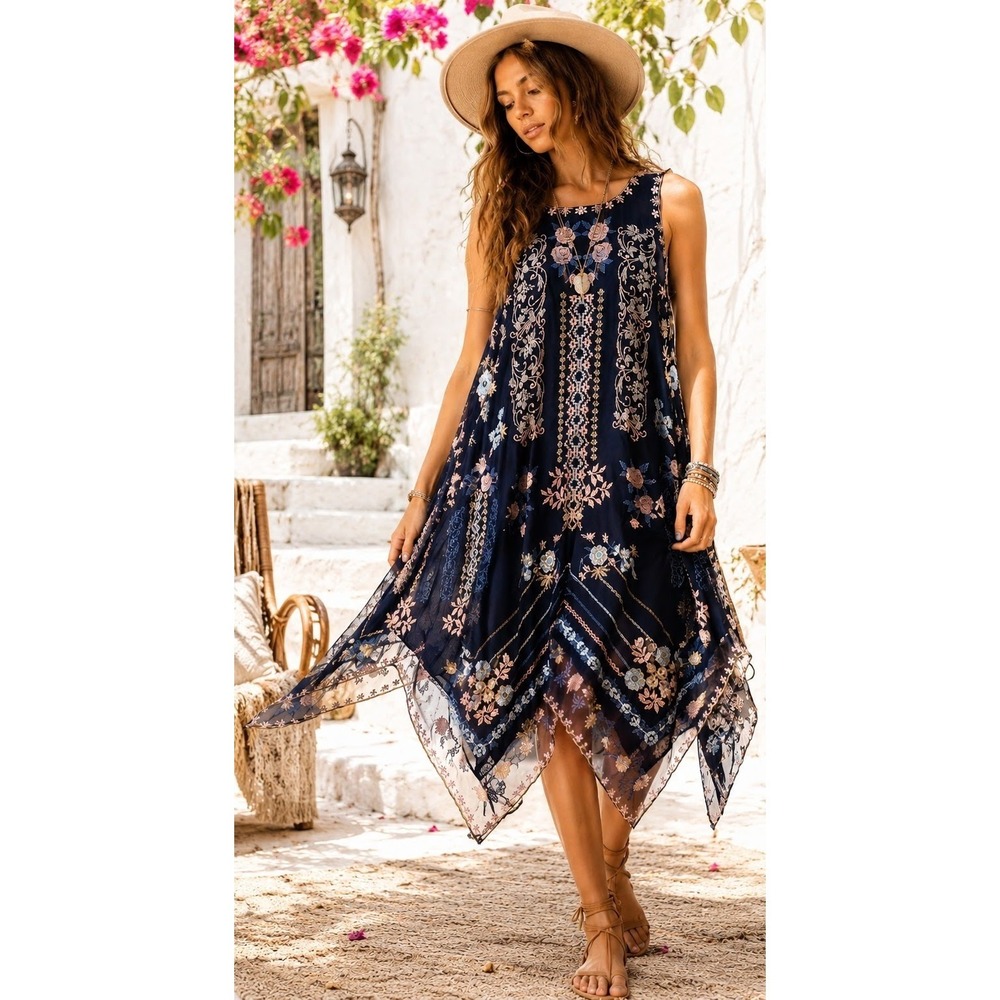 Tolani Oversized Blue Embroidered Handkerchief Hem Dress Boho Artsy Festival Fem